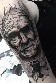 Iso musta salaperäinen vanha mies muotokuva lentää tatuointi malli