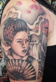 Groot arm pragtige blomme en bergrivier geisha tattoo patroon
