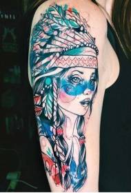 Potret lengan gadis kartun India warna besar dengan pola tato helm