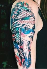 Big arm color cartoon indian girl portrait with helmet tattoo pattern