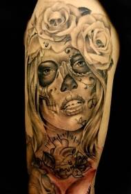 Modello di tatuaggio rosa ritratto in bianco e nero stile messicano femminile