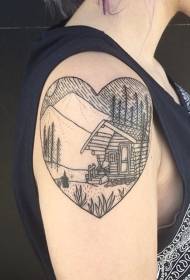 Vecchia scuola a forma di cuore nero con disegno del tatuaggio della vecchia casa