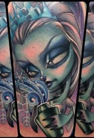 Színes női zombi tetoválás minta