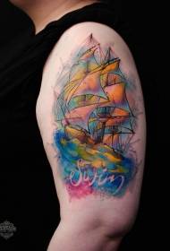 Grouss Aarm Aquarell Stil Spritzen Tënt Segelboot Tattoo Muster
