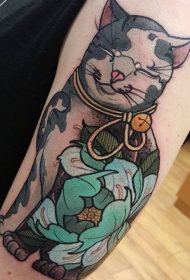 Arm blue flowers and cat tattoo pattern