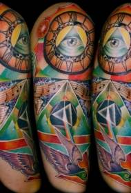 Nagy kar színű különböző szimbólumok és a madár tetoválás minta