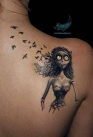 Shoulder cartoon zombie bride and bird tattoo pattern