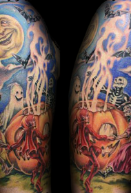 Dibujos animados en cor de brazo grande, patrón de tatuaxe de varios monstros