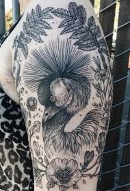 Brazo línea negra pavo real y patrón de tatuaje de flores silvestres