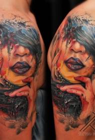 Olkapää akvarellityylinen värikäs naisten muotokuva tatuointikuvio