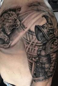 Half black and white gladiator with fighting lion tattoo pattern