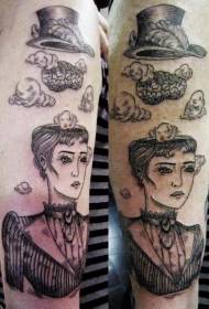 Surrealistyczny styl czarny mózg i kapelusz kobieta tatuaż wzór