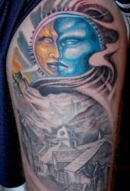 Geltona saulė su mėlyno mėnulio kraštovaizdžio tatuiruotės modeliu