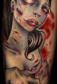 Beldurgarria koloretako zonbi emakumezkoak beso handi tatuaje eredua