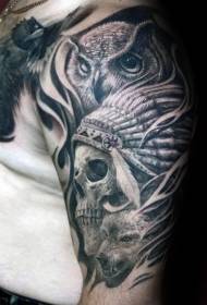 Big arm carving style black skull and helmet owl tattoo pattern