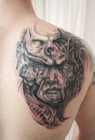 Назад чорно-білий таємничий фантазійний демон з малюнком татуювання черепа