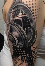 Cuffie di musica in stile realistico in bianco e nero e modello di tatuaggio boom di lettere