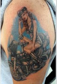 Big arm color motorcycle girl tattoo pattern