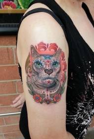 Mexican traditional colorful cat big arm tattoo pattern