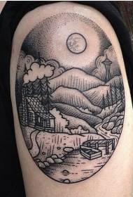 Grande albero di notte di puntura nera rotonda rotonda del punto con il modello del tatuaggio del villaggio