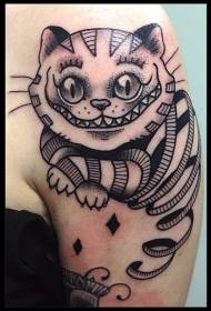 Czarno-biały zabawny wzór tatuażu kota w Alicji w Krainie Czarów