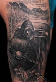 Udo czarno-szary płaszcz męski wzór tatuażu z mieczem i tarczą