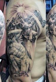 Niesamowity wzór tatuażu na czarnym ramieniu z wielkim aniołkiem