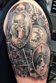 Nagy kar mechanikus stílusú óra és kutya portré tetoválás minta