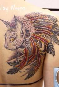 Back Indian tribal feather helmet and cat head tattoo pattern