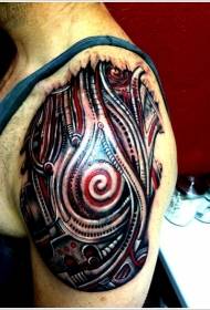 Zwart en rood mechanisch tattoo-patroon op de schouders