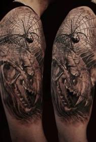 Arm черна сива паяжина в стил с татуировка на черепа