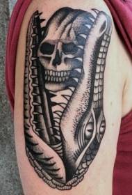 Рука весело старой школы черный серый крокодил с рисунком татуировки черепа