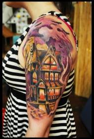 Arm cartoon colored house with bat tattoo pattern