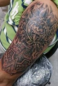 Majų genties tradicinė juoda plokščia tatuiruotė su šventyklos didžiojo rankos tatuiruotės modeliu