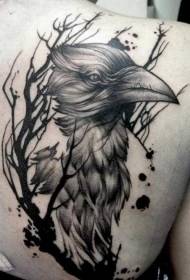 Zadné čierne vrana a vetvička tetovanie vzor