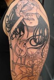Wielkie ramię czarne kobiety w stylu szkicu sprawiedliwości z wzorami tatuażu libra i mieczem