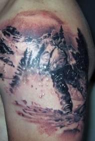 Grande bracciu cool realistu mudellu di tatuaggi di skis di muntagna neru