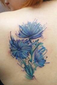 Patrón de tatuaje de flor hermosa azul espalda chica