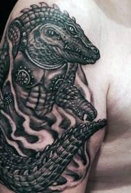 肩のファンタジーブラックグレーワニの戦士のタトゥーパターン