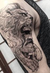 Голема скица во стилот на црна црна мистериозна маж со шема на тетоважа со лавови
