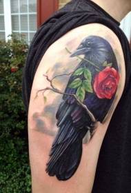 Iso käsivarsi upea musta varis punaisella ruusulla realistinen tatuointikuvio