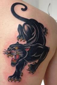 Рисувана ожесточена черна пантера татуировка на гърба