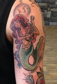 Arm cartoon kleur tattoo zeemeermin met gitaar en diamant tattoo patroon