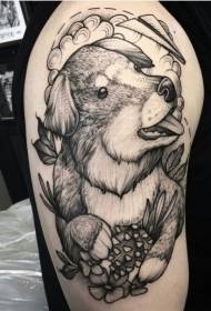 Big arm carving style black cute dog and paper plane tattoo pattern