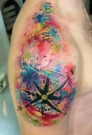 Skouer pragtige veelkleurige spat met kompas tatoeëringpatroon