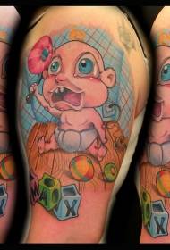 Grootarm tekenprentstyl kleurvolle baba met tatoeëringpatroon vir speelgoed vir kubusse