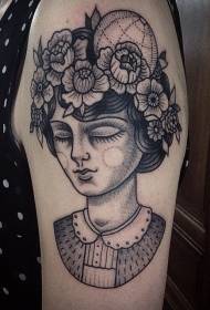 Big arm black prick cute woman portrait with flower tattoo pattern