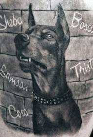 Realistischer Hundeschwarzweiss-avatara mit Buchstabentätowierungsmuster