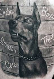 Big arm black and white realistic dog avatar with letter tattoo pattern