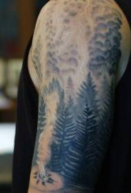 Велика рука чудовою чорно-білою блискавкою з лісовим малюнком татуювання